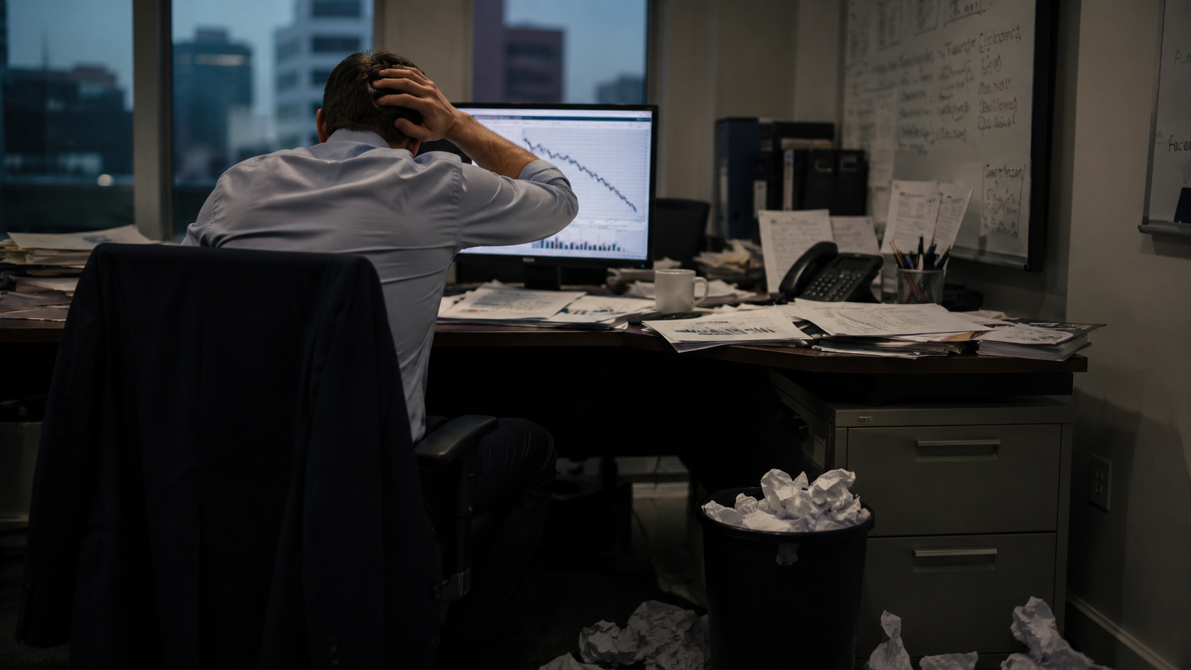 Executivo com a cabeça entre as mãos observando gráfico de desempenho em queda na tela do computador, mesa com relatórios e anotações